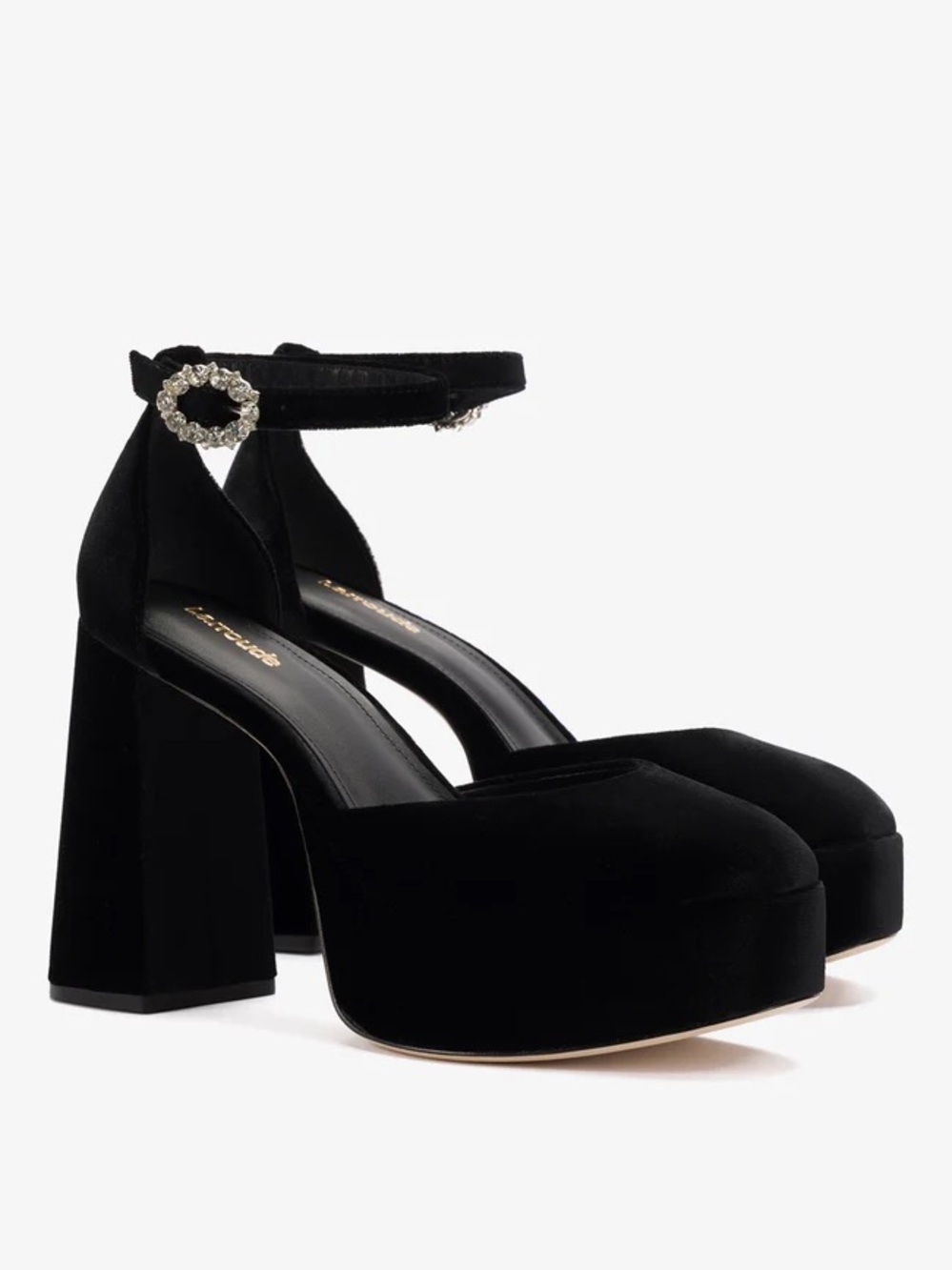 Larroude Black Velvet Ari Pump with Crystal Buckle